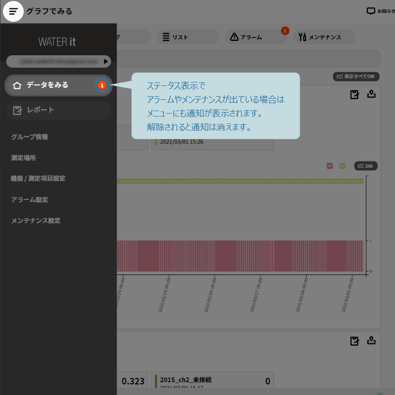 メニューにもアラームやメンテナンスを表示