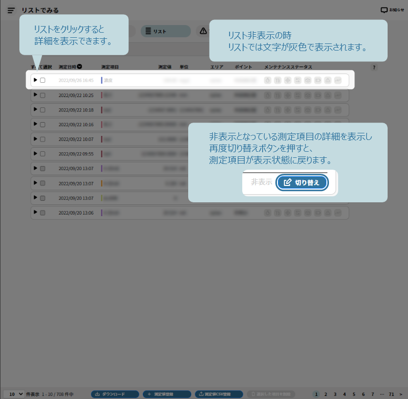 リストの表示／非表示の切替方法