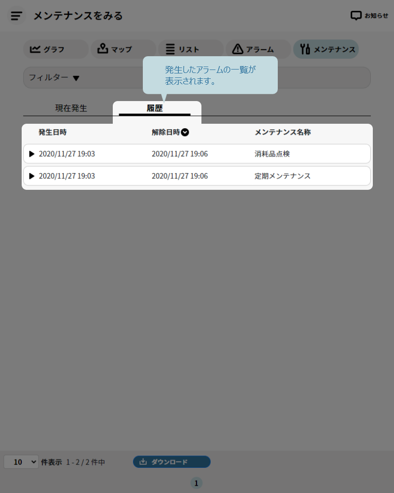 メンテナンスをみる画面での発生したアラーム履歴一覧