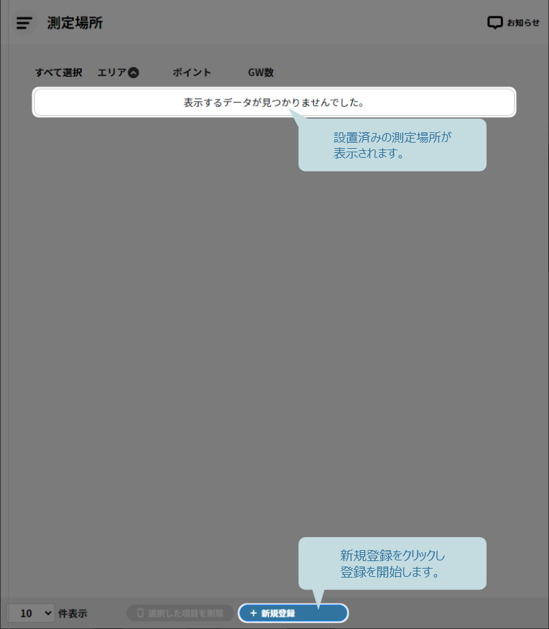 測定場所の新規登録ボタン