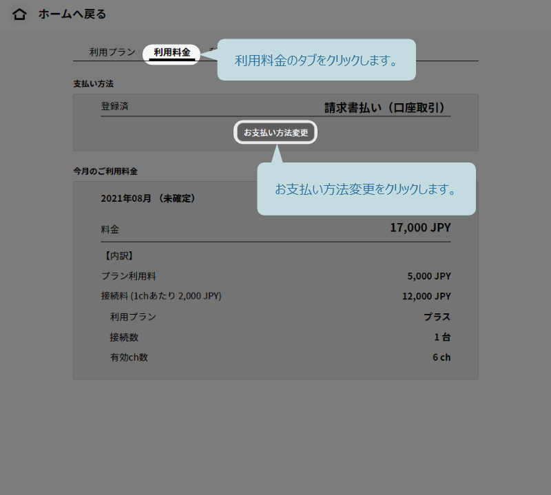 利用料金タブのお支払方法変更をクリック